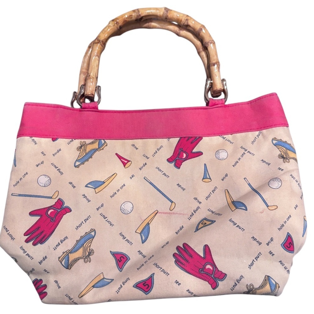 Liz Claiborne Vintage Cloth Golf Theme Bamboo Tote Bag